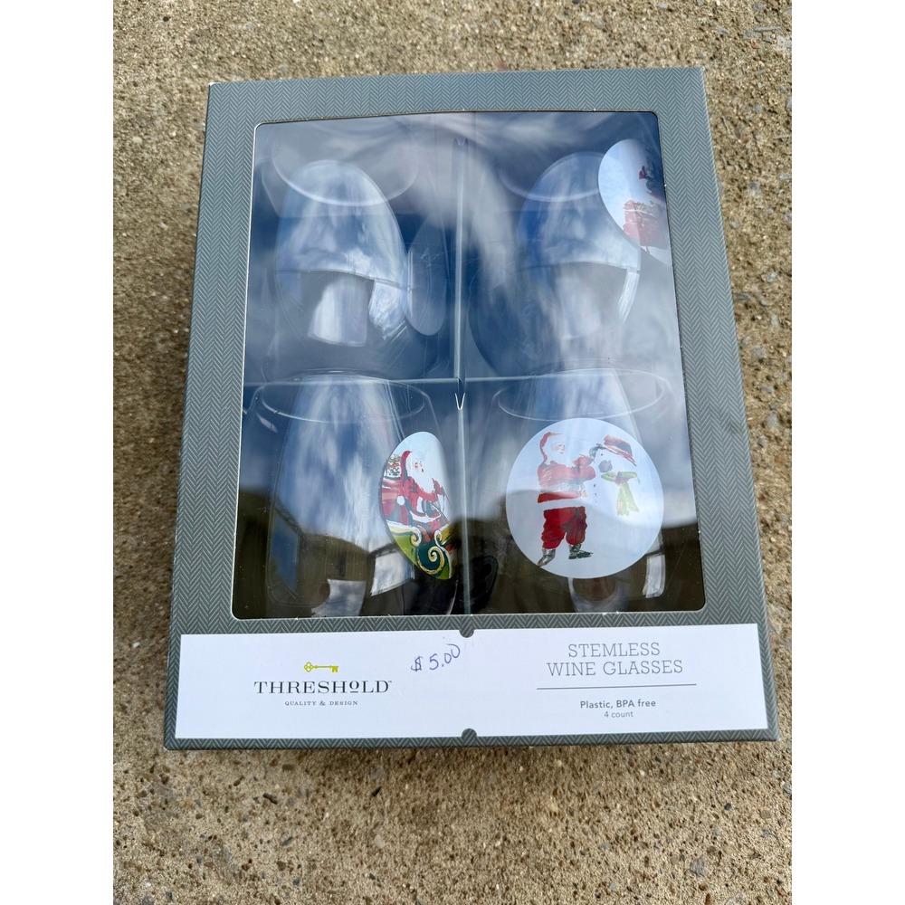 Threshold Christmas Santa Stemless Wine Glasses Set of 4 Plastic BPA Free New